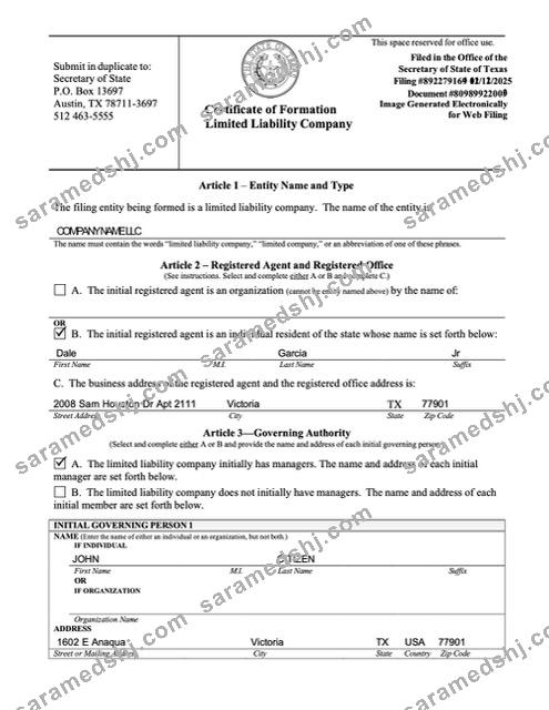 USA certificate of formation limited liability company Word and PDF template